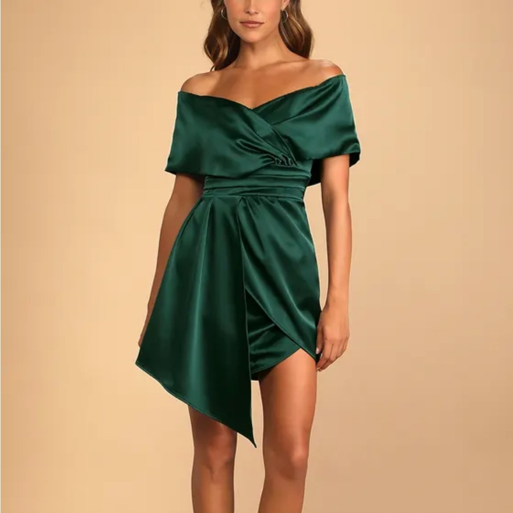Lulu’s Always Celebrating Dark Green Satin Off-the-Shoulder Mini Dress